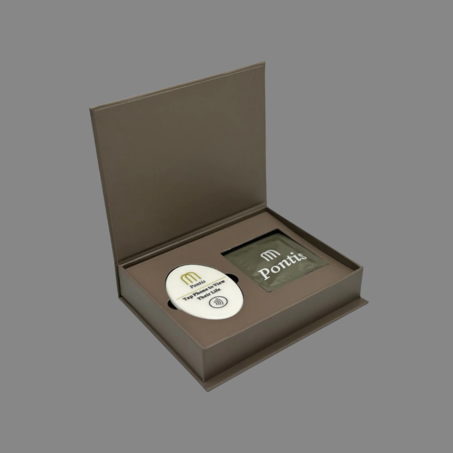 Open Pontis box containing the Pontis Memory Stone and the wipe to clean the headstone